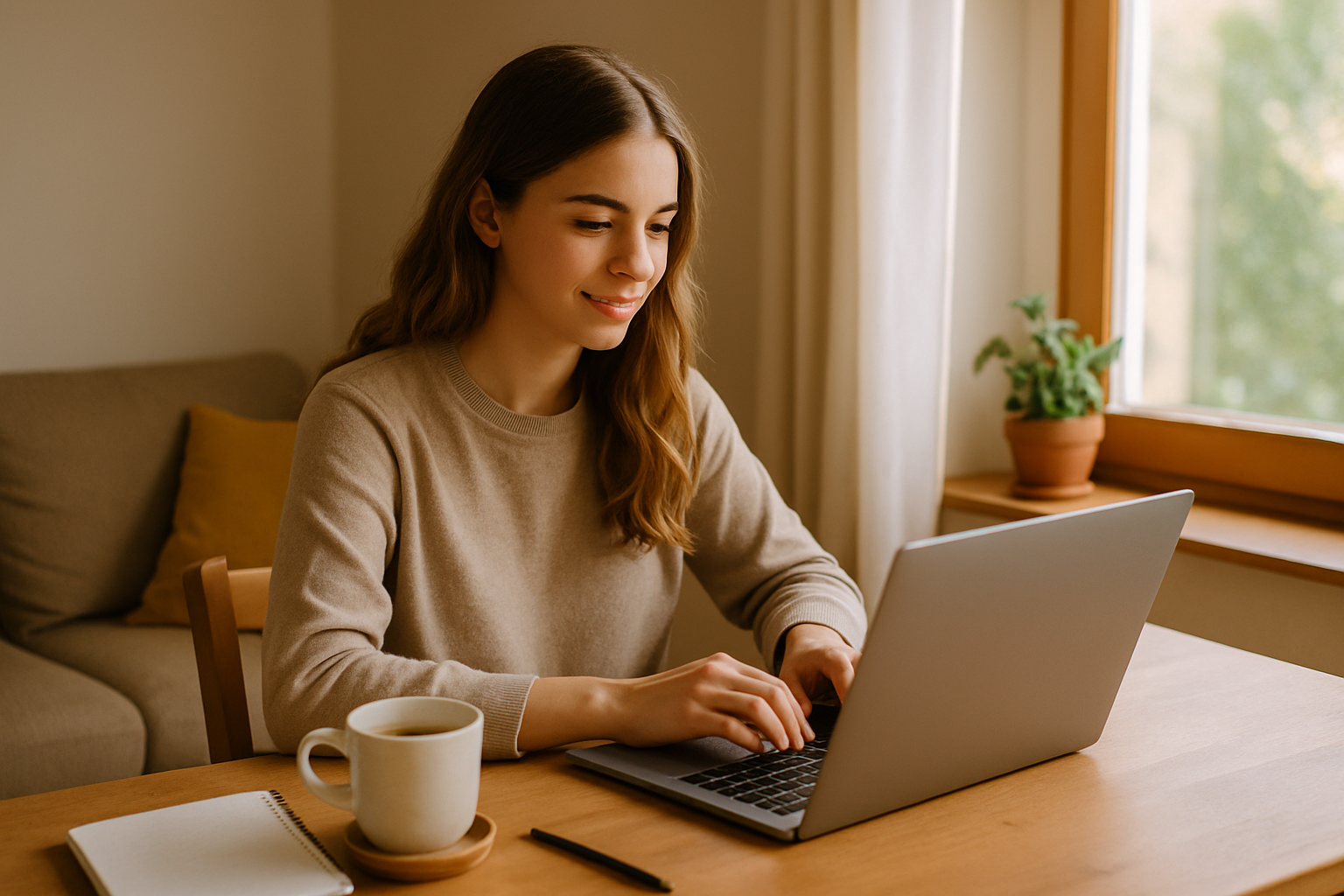 Person working on laptop in cozy room
